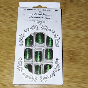 3/$15 Black Green Glossy Glitter Fake Press On Nails Women